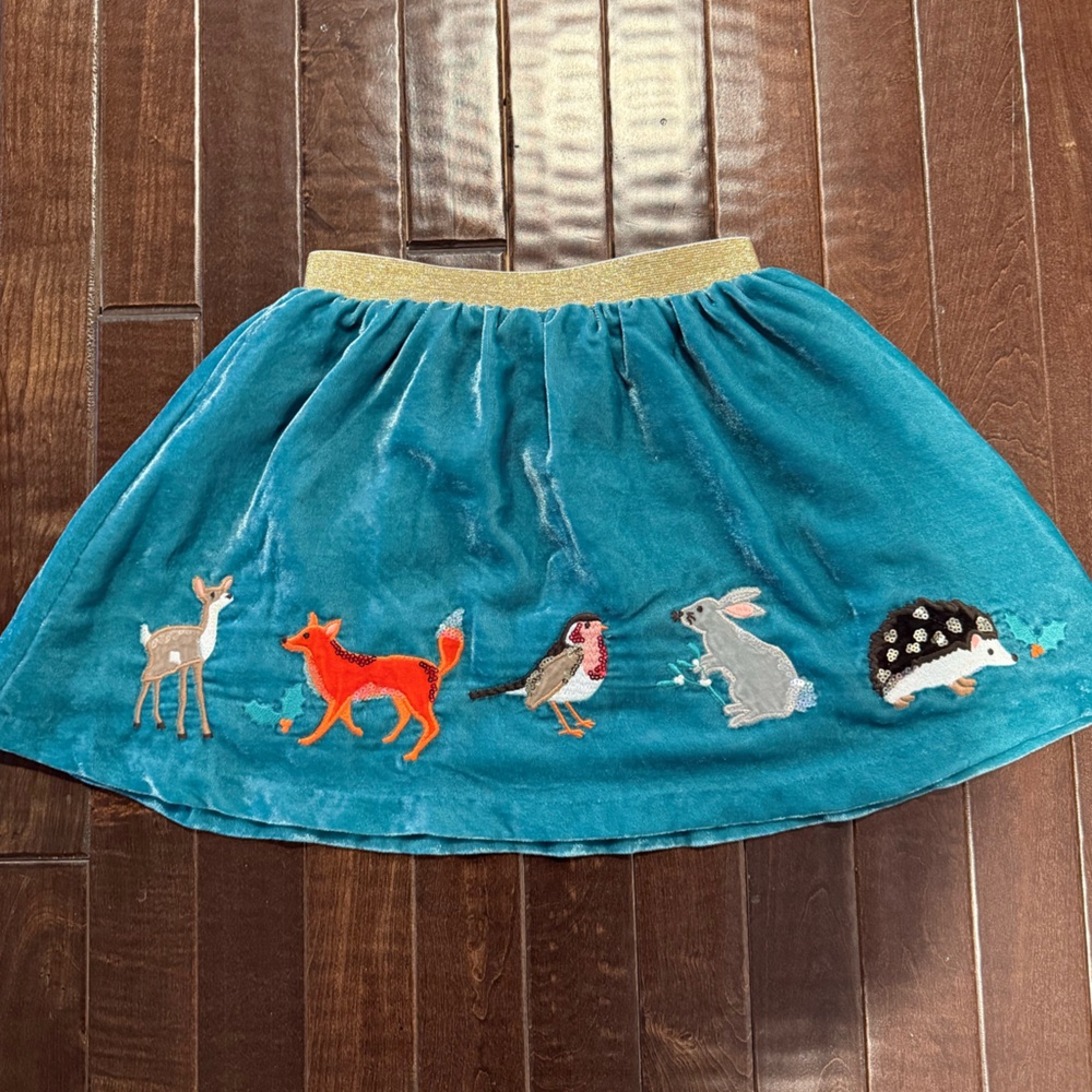 Mini Boden Girls Velvet Skirt Woodland Animals Teal Size 4–5